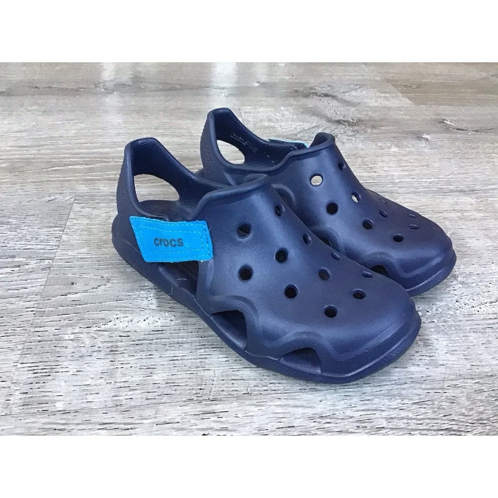 Crocs Swiftwater Wave K Kids Boys Size 1 J1 Navy Blue Water Shoes Sandals